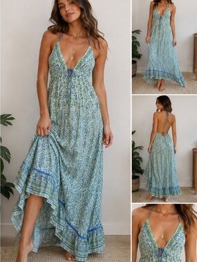 Vintage Y2K Angie Boho Floral Open Back Maxi Dress S Festival Fairy Cottagecore